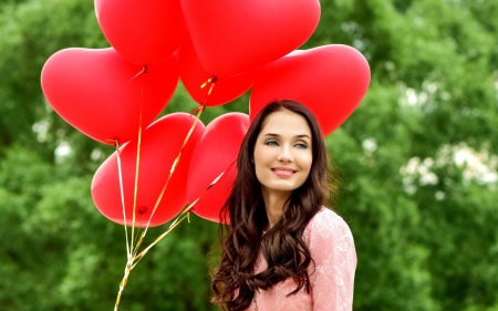 Beauty ♥ - bokeh, dress, girl, beauty, pink, green, balloons, hairstyle, makeup