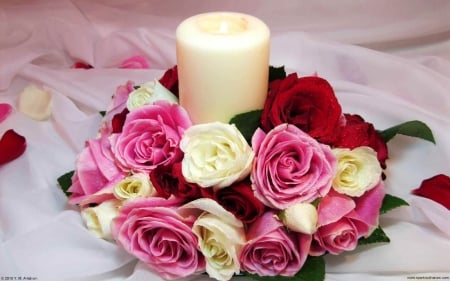 Valentine Candle - candle, roses, valentine, flowers, love