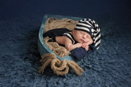 Sleeping baby - hat, summer, child, copil, white, sleep, baby, blue, cute, boat