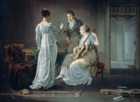 Musical soiree - woman, people, girl, louis moritz, music, instrument, painting, trio, art, man, luminos, pictura