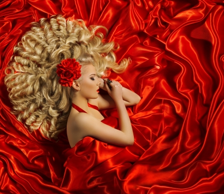 Beauty - woman, red, model, girl, blonde, rose, beauty