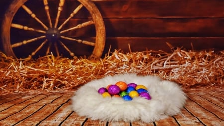 Happy Easter! - easter, colorful, fur, wood, egg