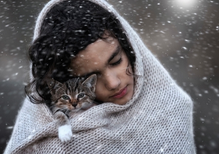 Warm place - winter, model, cat, scarf, girl, white, pisica, kitten, snow, barbara chikhi