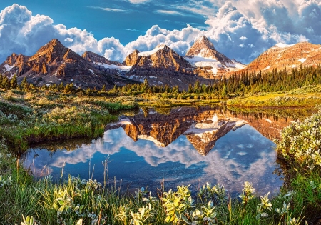 Mirror of the Rockies - usa, flowers, clouds, spring, peaks, sky