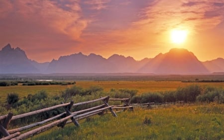 Sunset at Grand Tetons, Wyoming - usa, landscape, mountains, fence, sun, sky