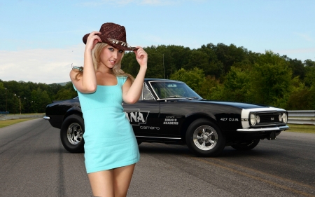 Cowgirl Sarah Peachez and a '67 Camaro SS - blonde, cowgirl, camaro, model