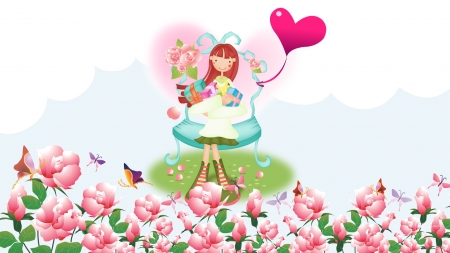 Little Valentine Girl - hearts, girl, valentines day, sweet, flowers, spring, firefox persona theme