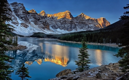 Reflection on the lake - landscape, water, winter, mountains, rocks, hd, nature, lakes, white, still, reflection, snow, blue