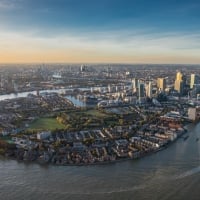 The Isle of Dogs and the Canary Wharf business district, bound by the River Thames at Greenwich Reach.