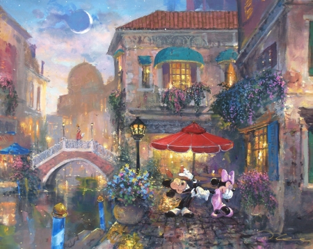 Mickey and Minnie Mouse in Venice - venice, minnie, mickey, painting, art, red, umbrella, luminos, pictura, disney, mouse