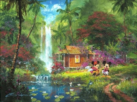 Warm Aloha - james coleman, minnie, warm aloha, mickey, mouse, hawaii, pictura, painting, couple, disney, art, luminos