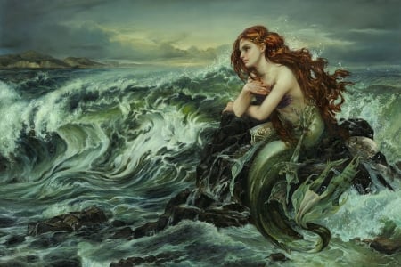 Mermaid - storm, girl, sea, heather theurer, fantasy, siren, redhead, mermaid, green, art, wave, luminos