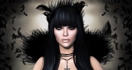 Dark beauty - raven, girl, feather, black, fantasy, crow, woman, rendering, face, CG, luminos