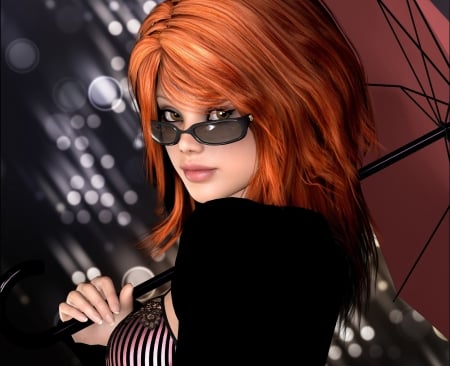 Beauty - girl, orange, black, fantasy, umbrella, redhead, red, rain, rendering, face, luminos, sunglasses