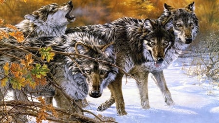 Wolves Family - wolves, art, animal, family, flocks