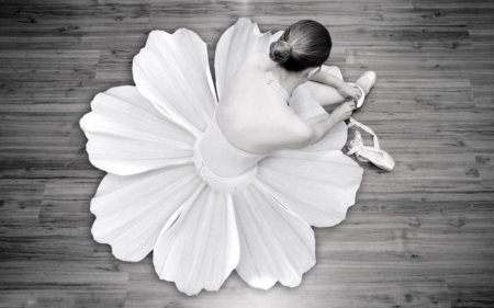 Ballerina - white, girl, bw, black, ballerina, flower