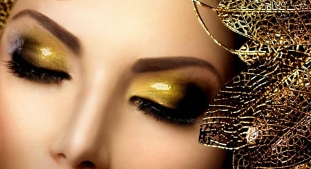 Makeup - woman, green, eyes, face, makeup, golden