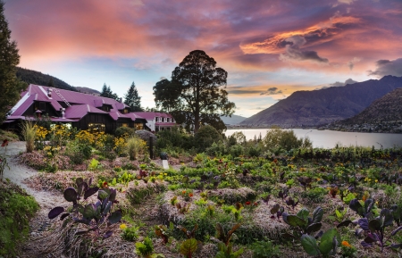 Sherwood, Queenstown, Lake Wakatipu, New Zealand - sky, landscape, clouds, house, tree, sunset, colors