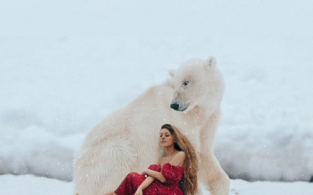 Winter Love ♥ - bear, mood, winter, red dress, girl, snow, situation, polar bear