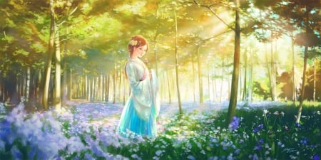 Cute Girl - sunlight, flowers, girl, anime