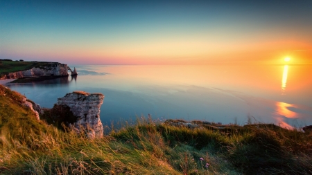 Along the Coastline - sunset, water, cliff, arch, sea, sky