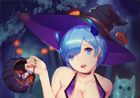 Happy Halloween! - hat, rem, girl, witch, halloween, purple, blue, orange, anime, manga