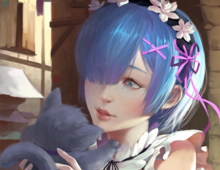 Hello, kitty - anime, blue, girl, REM, cat, manga, pisica, kitten, face