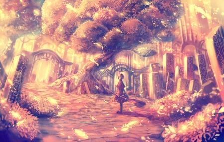 Magical evening - girl, bou nin, luminos, pink, anime, tree, manga