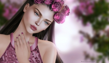 Beauty - trandafir, girl, 3D, pink, frumusete, fantasy, wreath, woman, rendering, rose, CG, luminos