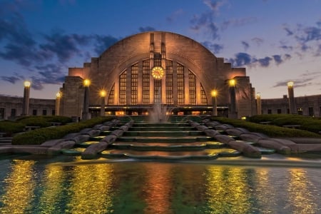 Cincinnati Museum Center at Twilight - sky, usa, building, water, reflections, evening