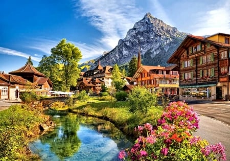 Kandersteg, Switzerland F2mp - houses, landscape, mountain, kandersteg, photography, water, cityscape, beautiful, river, scenery, architecture, flowers, photo, switzerland