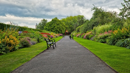 Park - flowers, Benches, Park, wallpaper