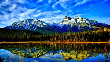 Reflection in Water - lake, trees, mountain, pine, blue sky, nature, reflection, forest, snow, clouds