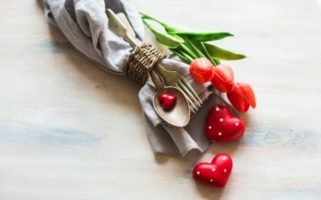 Still life - figurines, spoon, male, bokeh, tulips, tools, still life, with love, celebration, cloth, hearts, from the heart, flowers