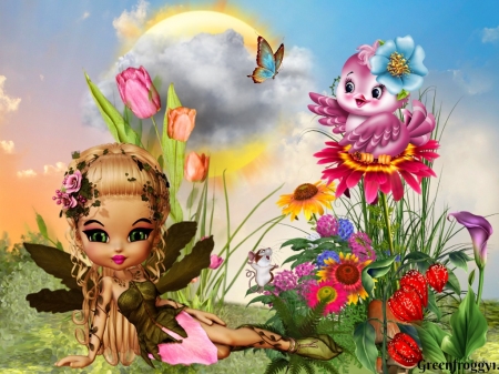 GARDEN FAIRY - image, fairy, pretty, bird