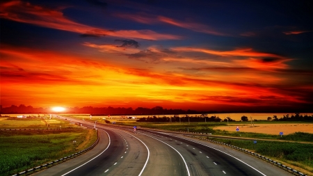 The Way To Sunset - nature, sky, clouds, sunset, road