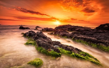 Rocky Beach - sky, rocks, sea, sun, colors