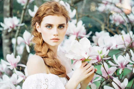 Beauty - white, woman, girl, braid, magnolia, model, flower, spring