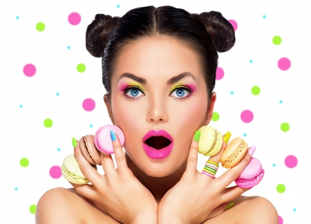 Beauty - woman, anna subbotina, girl, colorful, funny, cookies, model, face, white, pink, hand, mood, sweet