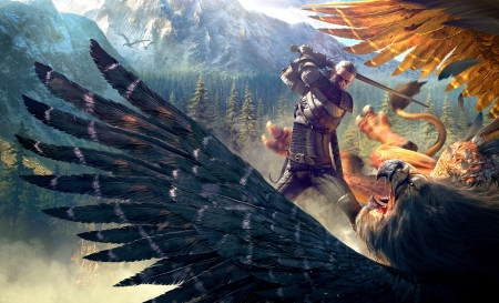 The witcher - bird, game, wing, feather, battle, fantasy, the witcher, geralt, art, luminos