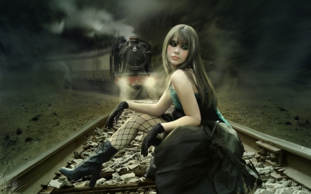 Train Stop.. - women, fun, female, boots, fashion, models, brunettes, western, girls, cowgirl, style, outdoors, train, railroad tracks