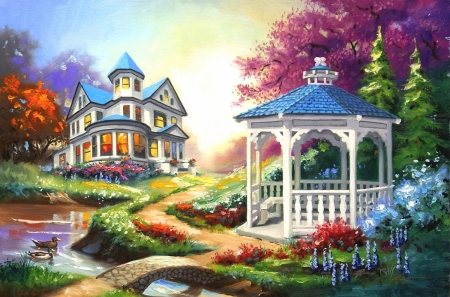 House Gazebo - summer, attractions in dreams, paintings, spring, architecture, flowers, garden, gazebo, love four seasons, houses