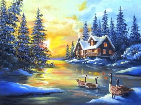 Cabin Canada Geese - geese, winter, attractions in dreams, rivers, paintings, snow, cabins, landscapes, white trees, love four seasons