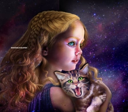 Thegirlinspace - girl, fantasy, art, cat