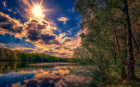 Summer sky - sky, trees, forest, clouds, river, sun, summer, foliage