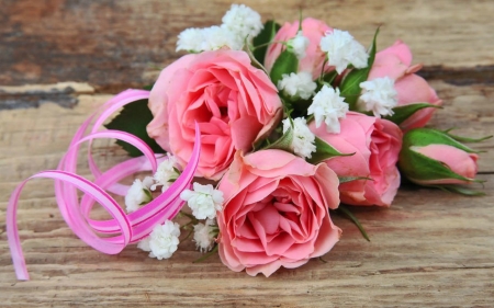 Lovely Flowers - roses, bloom, pink, flowers, wood