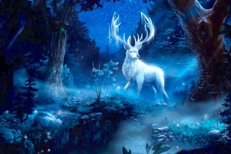 White Fantasy Stag - blue, beautiful, Forest, night, White, stately, fantasy, nature, Deer