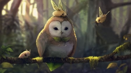 Owl - owl, fantasy, bird, branch