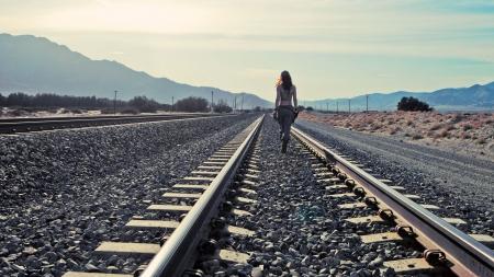 Cowgirl's Road.. - girls, women, style, fun, models, female, cowgirl, boots, outdoors, railroad tracks, brunettes, western, nra, pistols