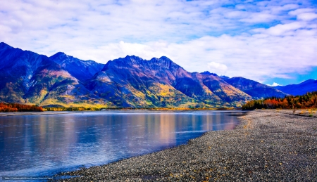 Riverside - sky, mountains, water, clouds